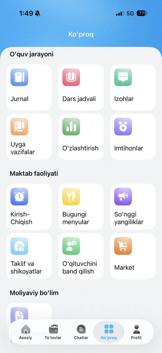 EduSchool Parent ilovasi menyusi: jurnal, dars jadvali, to'lovlar, xulq-atvor va maktab bilan chat